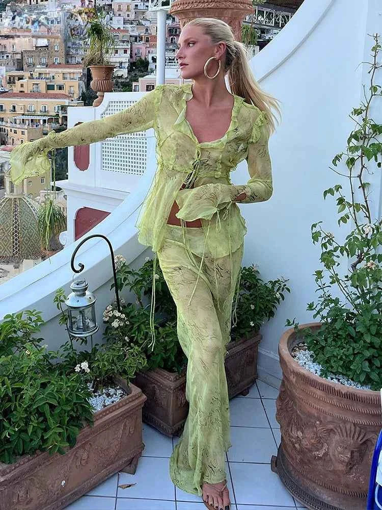 Print Y2K Mesh Long Sleeve Top Shirts Green and Maxi Skirt Bodycon Two Piece Sets Beach Outfits Women Club