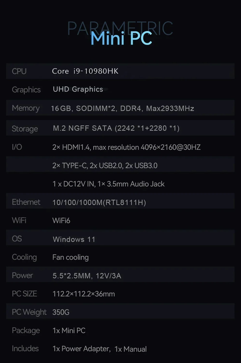 NEW Intel I9-10980HK/N150 Portable Mini PC Computer Windows 11 32GB DDR4 1/2TB SSD Gaming Computer WiFi 6 Office Mini Desktop