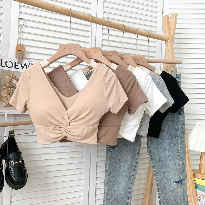 T Shirt  Woman Crop Tops Basic Short Sleeve Kawaii T Shirt Built In Bra Women Sexy Top Harajuku Korean Fashion
