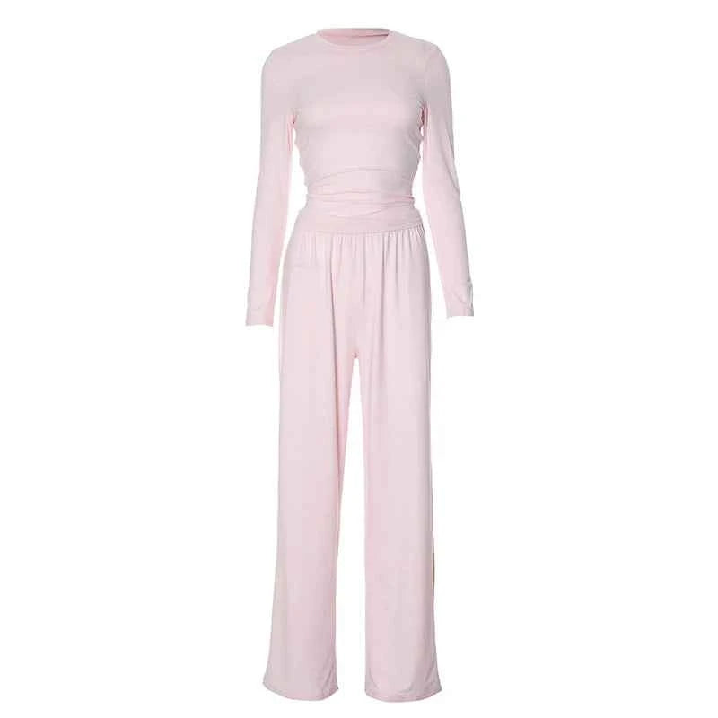 Women Top Pants Suit 2 Piece Sets Solid O-neck Long Sleeve Shirts Elastic Waist Trousers Female Outfits 2025 New Lady Tracksuit