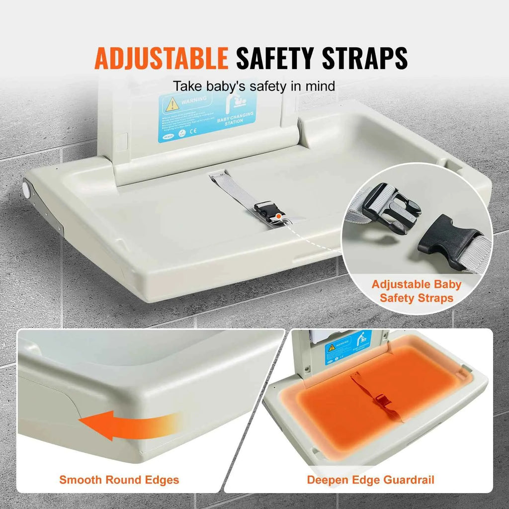 SucceBuy Wall-Mounted Baby Changing Station Horizontal Foldable Diaper Change Table Safety Straps and Hanging Rods for Newborns