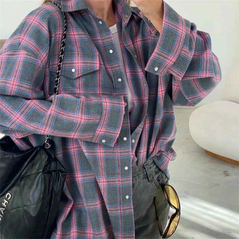 Vintage Plaid Blouse Women Spring Summer Korean Pocket Long Sleeve Lapel Shirt Fashion Streetwear Y2K Clothes 2026 Oversize Tops