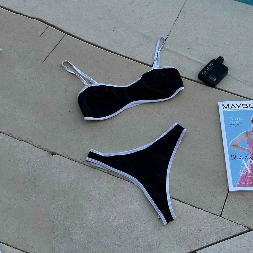 Sexy Black White Micro Bikini 2023 Women Bandeau Padded Thong Swimsuit Female Cut Out Bathing Suit Swimwear Biquini swim