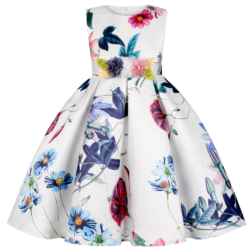 2026 European and American children's new flower vintage print princess dress girl holiday party dress dress