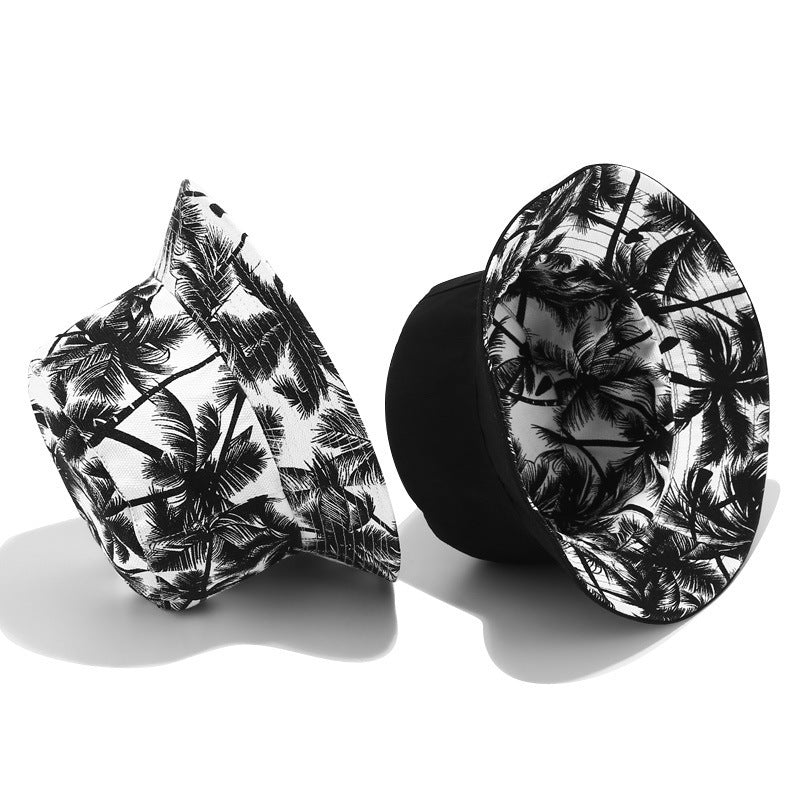 Unisex Reversible Double Sided Black Coconut Tree Printed Fisherman Caps Bucket Hats Men Women Outdoor Travel Visor Hiking Hat