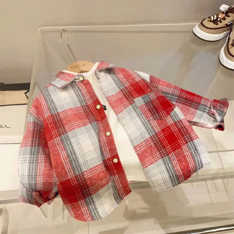 Autumn Children's clothes Girls Boys Casual Retro Lapel Shirt Long Sleeves Single-breasted Tops Blouses Plaid Shirts