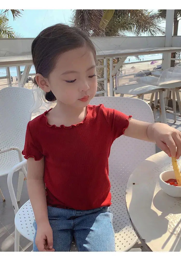 Girls' Casual Ice Silk Short-Sleeve T-Shirt, New Korean Style Children's Ruffled Top, Solid Color, Simple and Versatile