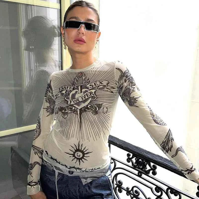 Y2k Aesthetic Punk Clothes Graphic Tees Women Gothic Fashion Full Sleeve Woman Tshirts See Through Streetwear Egirl Tops T Shirt
