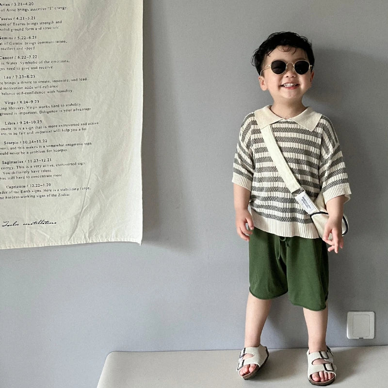 Spring and Summer Japanese Korean 1-6Y Children's Hollow Knitted Shirts Stylish Girl's Boy's Striped Short Sleeved T-shirts