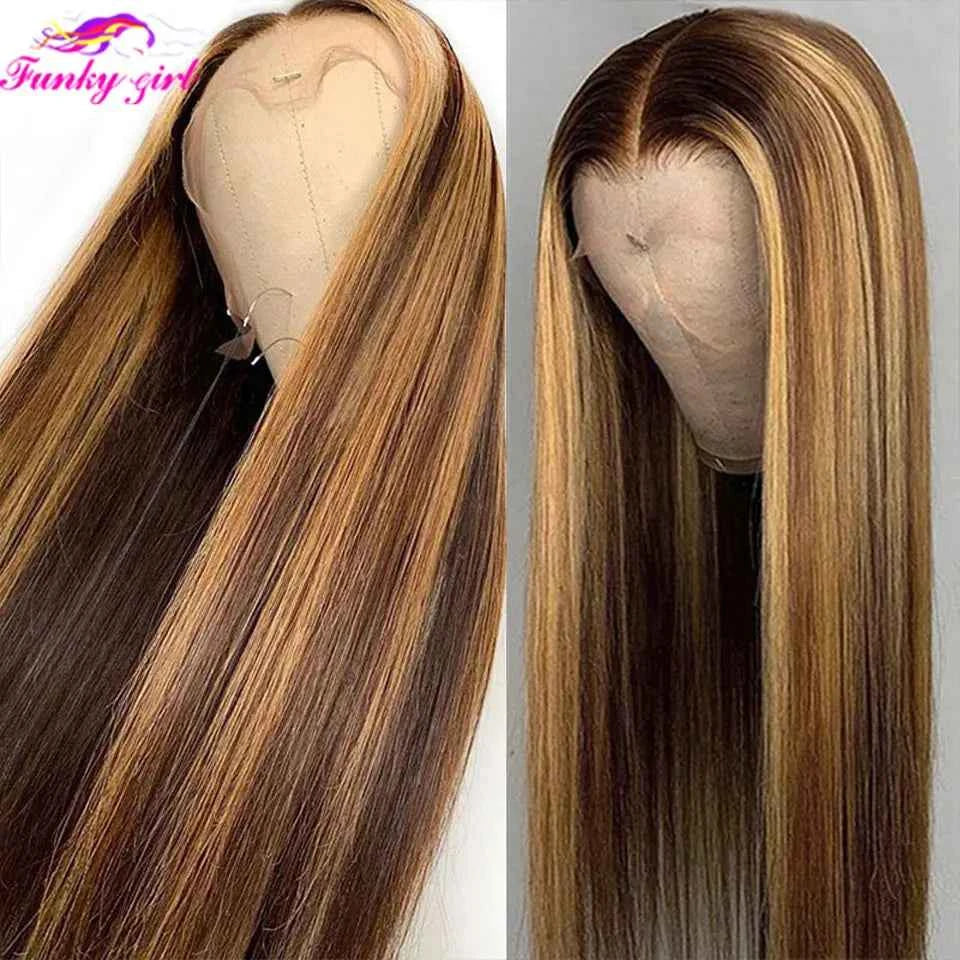 Highlight Brown Straight Lace Front Wig Human Hair Wigs For Women Lace Closure Wig Pre Plucked Honey Blonde Colored Cheap Wigs