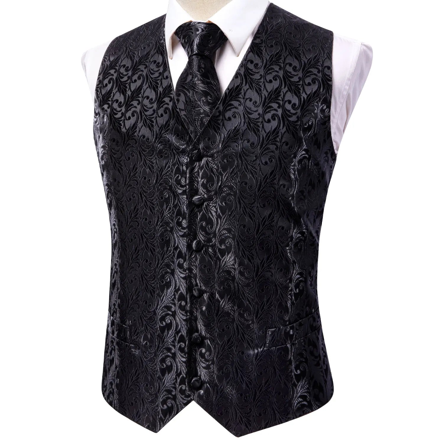 Men's Black Dress Vest Set with Tie Pocket Square Cufflinks - Jacquard Formal Tuxedo Waistcoat Suit Wedding Business Party