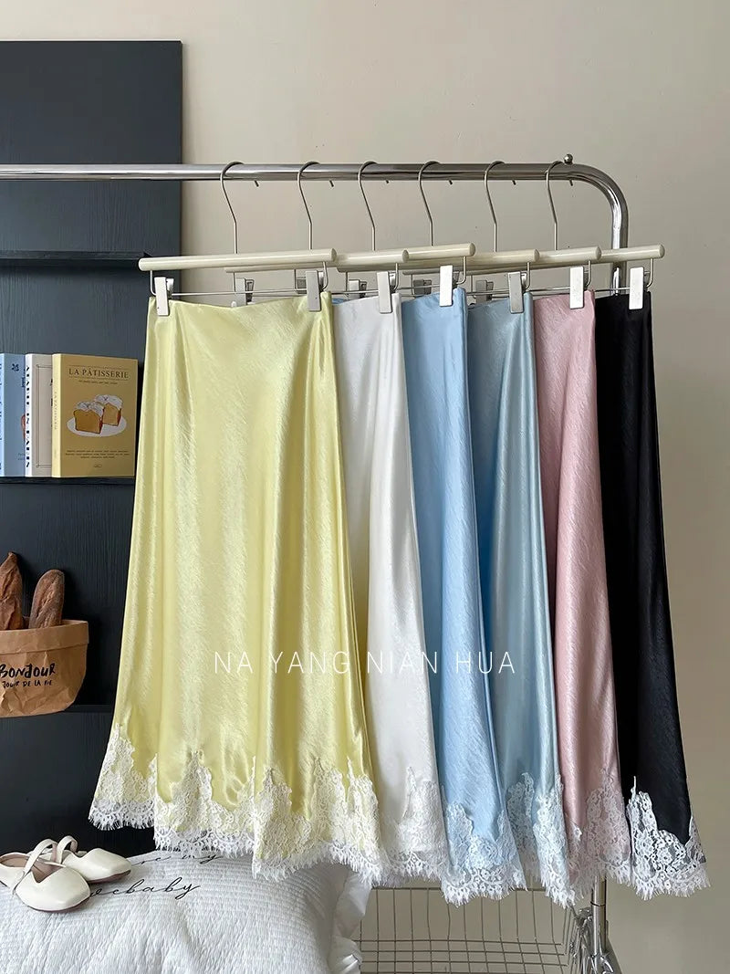 Beiyingni French Elegant Satin Mermaid Skirt Women Spring Summer Lace Patchwork Pack Hip Long A-line Skirts Office Ladies Faldas
