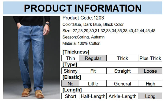 2026 Men Jeans 100% Cotton Thick Straight Plus Big Size 42 44 46 48 140KG Loose Classic Black Denim Trousers Casual Pants