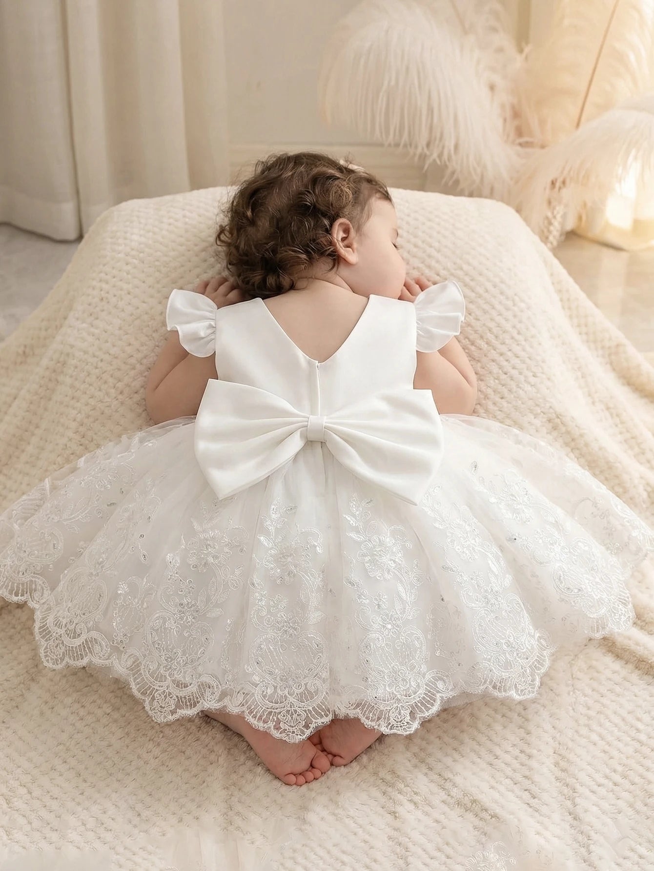Baby Girl Casual Simple Woven White Round Neck Sleeveless Detachable Three-Dimensional Bow Dress Birthday Party,Evening Party