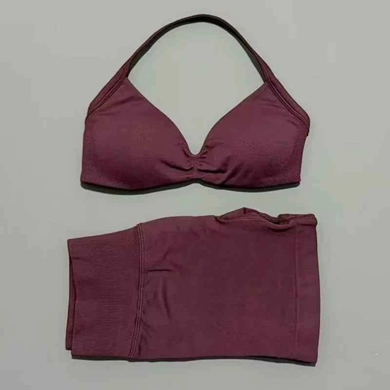 HISTELLO Gym Set 2 Piece Women Strappy Yoga Bra Top Workout Scrunch Shorts Sports Suit Fitness Clothes Seamless Yoga Set