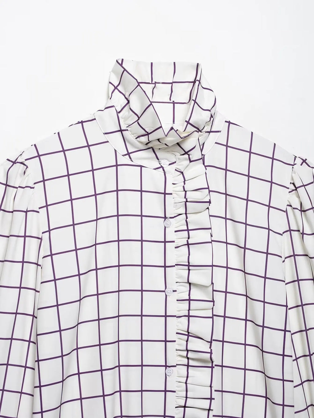 Sweet Women Ruffles Plaid Purple Shirts 2025 Fashion Ladies Casual Stand Collar Blouses for Party Female Elegant Tops Clothes