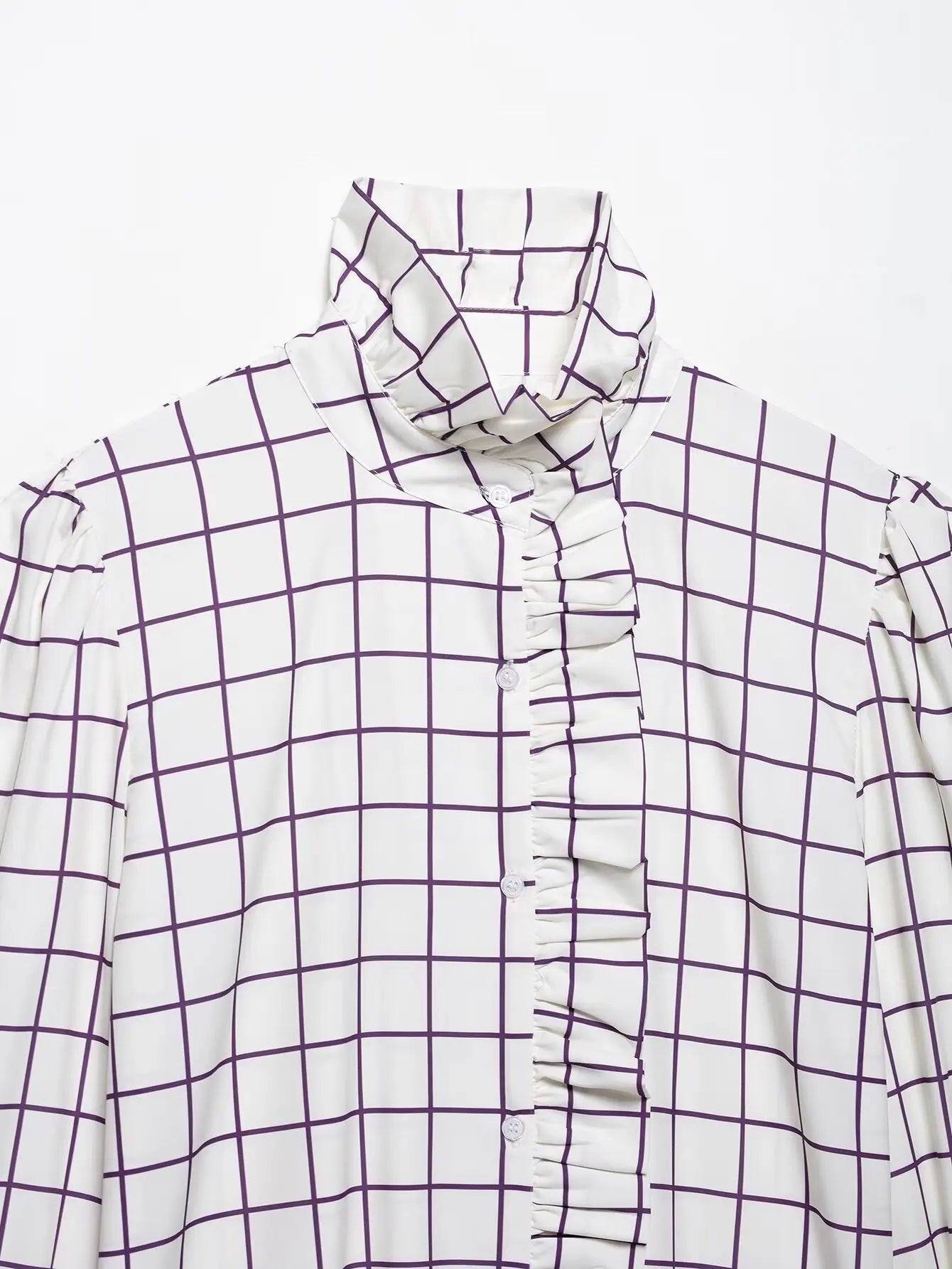 Sweet Women Ruffles Plaid Purple Shirts 2025 Fashion Ladies Casual Stand Collar Blouses for Party Female Elegant Tops Clothes