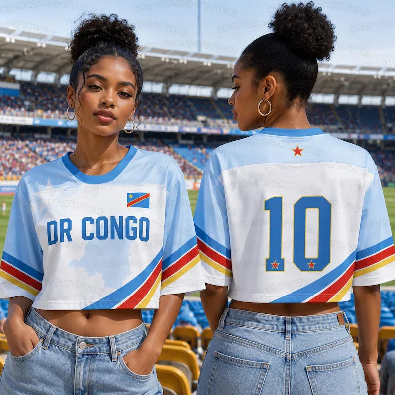 Summer 2026 New Women's  Dr Congo Print Football Jersey Round Neck Short Sleeve Jersey Cheerleaders Crop Top T-shirt
