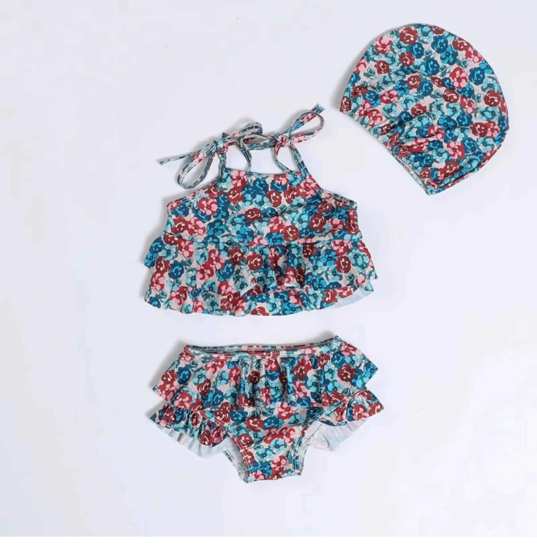 Kids Swimwear for Girl New Summer Baby Girls Cute Cherry Floral Swimsuit Set Long Sleeves/Sling Sunscreen Swimsuit Bikini H503