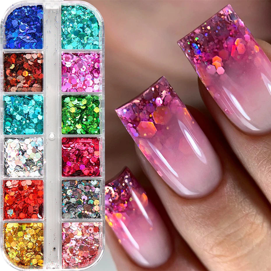 12 Colors Sparkly Holographic Nail Art Glitter Sequins Laser 3D Hexagon Flakes Nail Powder Makeup Nail Art Decorations Manicure