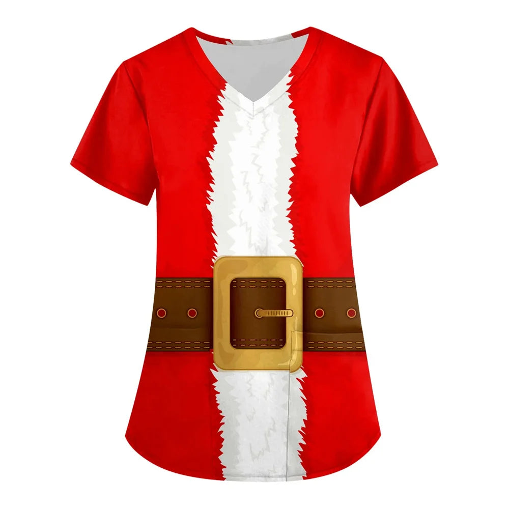 Womens Christmas Nurse T Shirt Print Short Sleeve V Neck Workwear With Pocket Working Nurse Work Wear Overalls Medical Uniforms