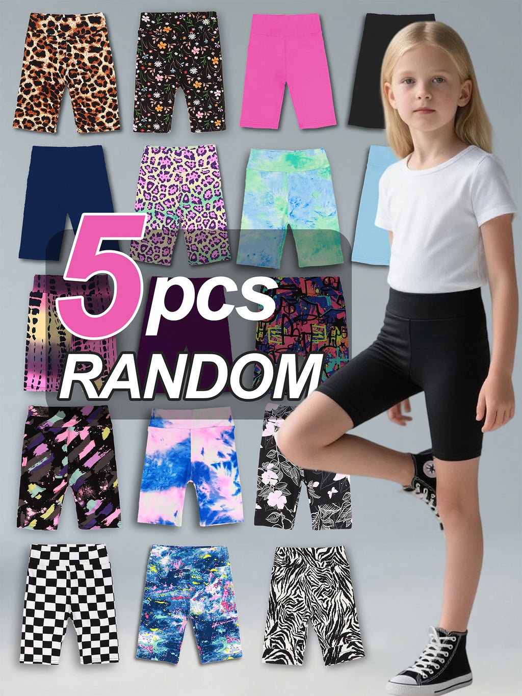 Random 5pcs girls yoga band soft stretchy biker shorts, high waist bermuda short leggings for children dancing sports