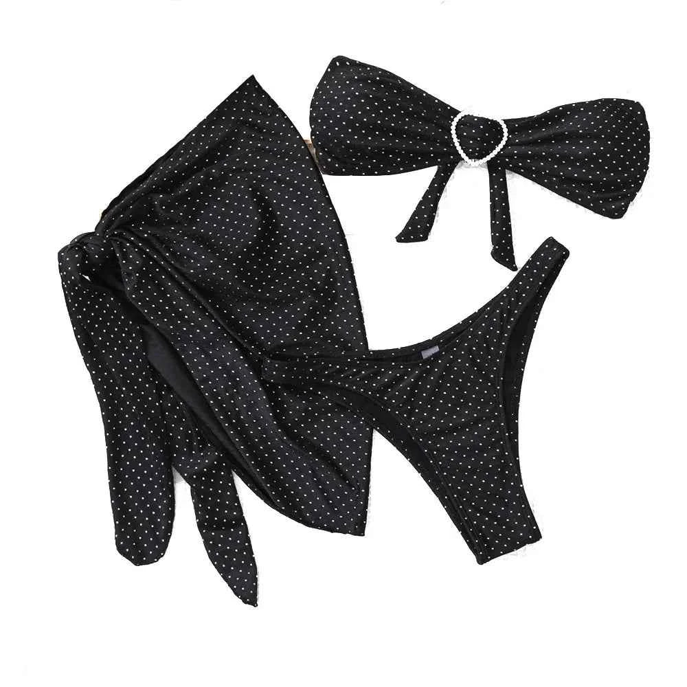 Sexy Black Shiny Swimwear Sarong String Halter Triangle Bikinis Sets 3 Pieces Rhinestone Swimsuit Women 2026 Bather Beachwear