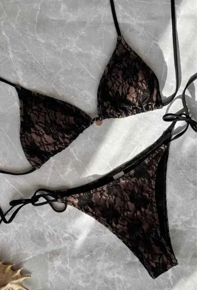 Lace Fabric Three-pieces Swimsuit Set With Sarong Bikini Inspired Women's Swimwear Beachwear Bathing Suit Vacay Outfit Biquini