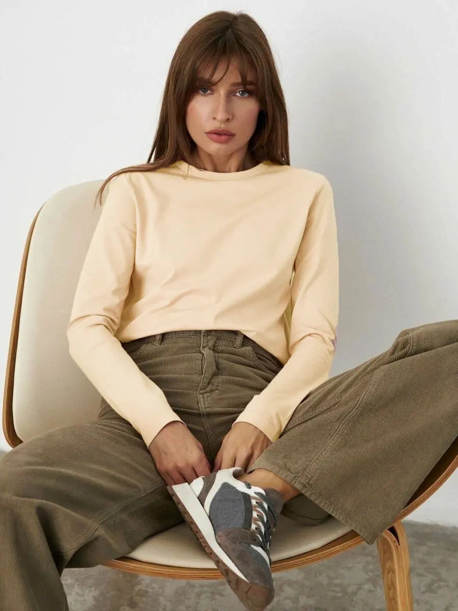 Wolfeel Women's Spring Autumn 100% Cotton T-shirt Bottoming Basic Solid Lady Long Sleeve Loose Tops Shirts Oversized T Shirt