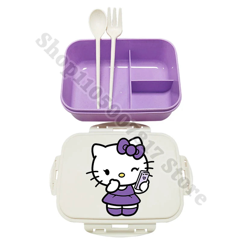 Kids Portable Plastic Lunch Box Hello Kitty Cartoon Cute Lunchbox with Spoon Fork Children Anime Food Fruit Containers Xmas Gift
