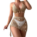Women's 2 Piece Crochet Swimsuit Halter Bikinis Top and Cover Up Beach Skirt Set