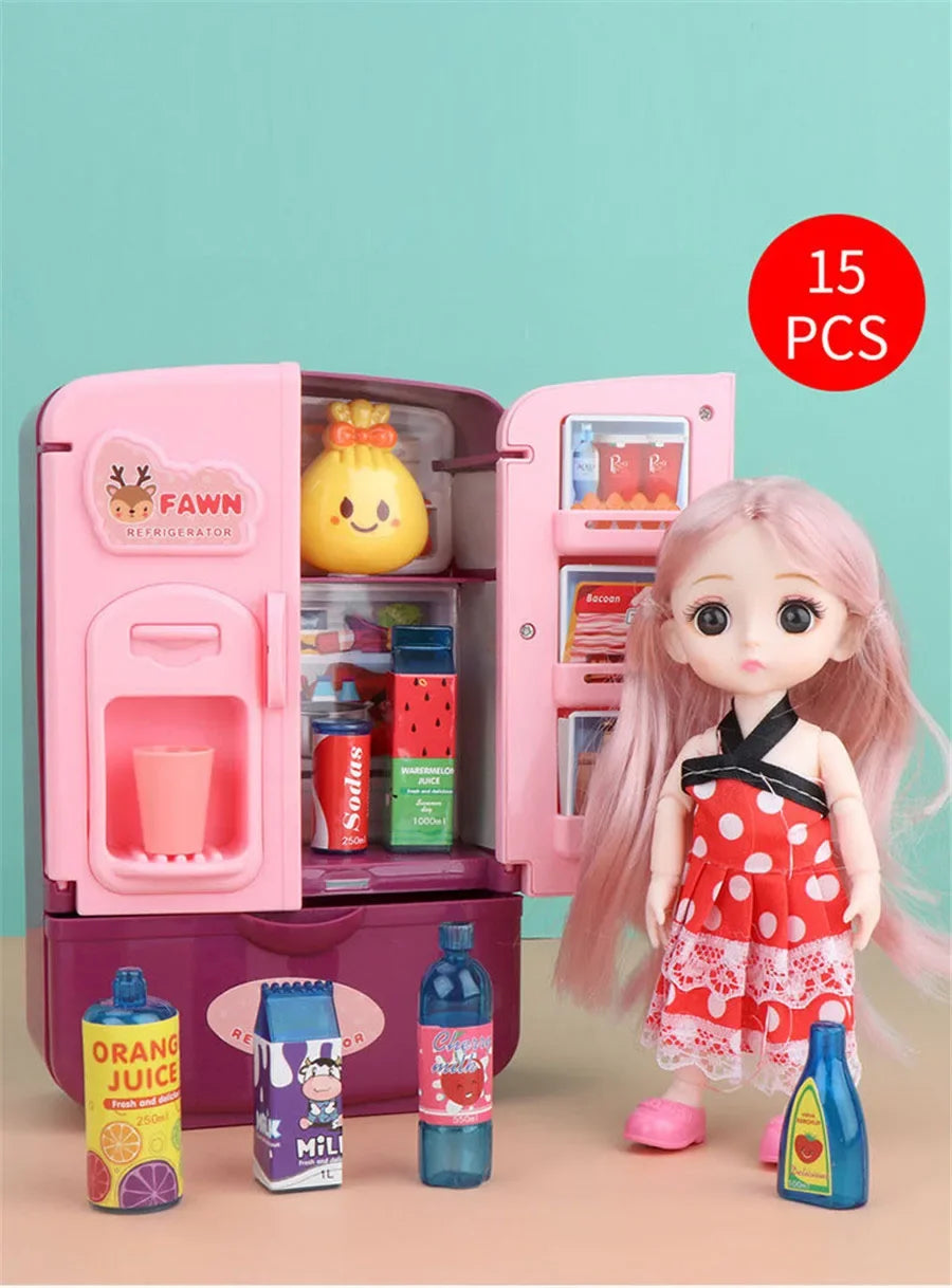 Kids Toy Fridge Mini Double Door Refrigerator Baby Toys Furniture Simulation Pretend Play Kitchen Toys Accessories Role Play