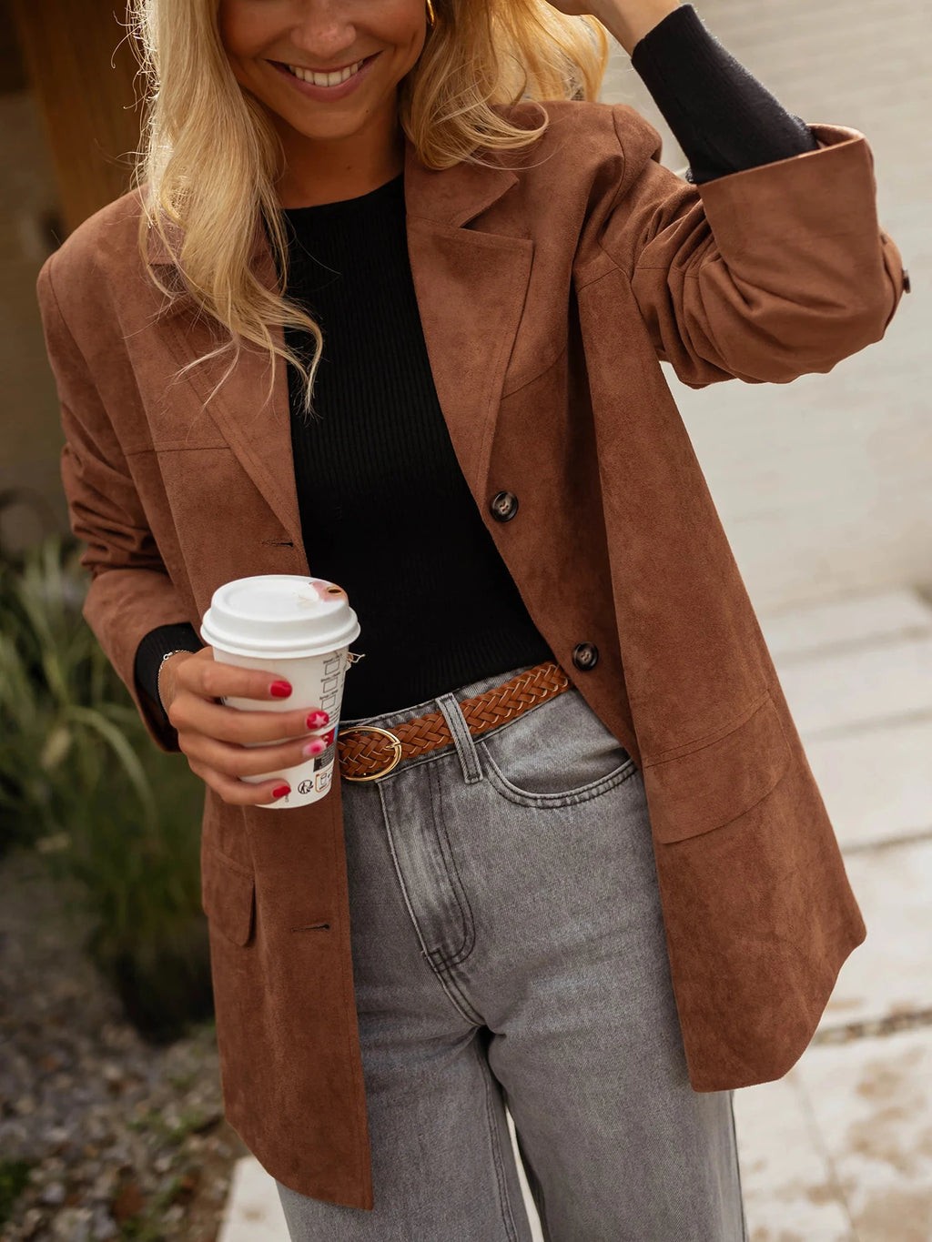 Women's Suede Loose Coat, Elegant Fall & Winter Buttoned Blazer Jacket, Plain Pattern, Moderate Fabric Thickness, Loose Fit