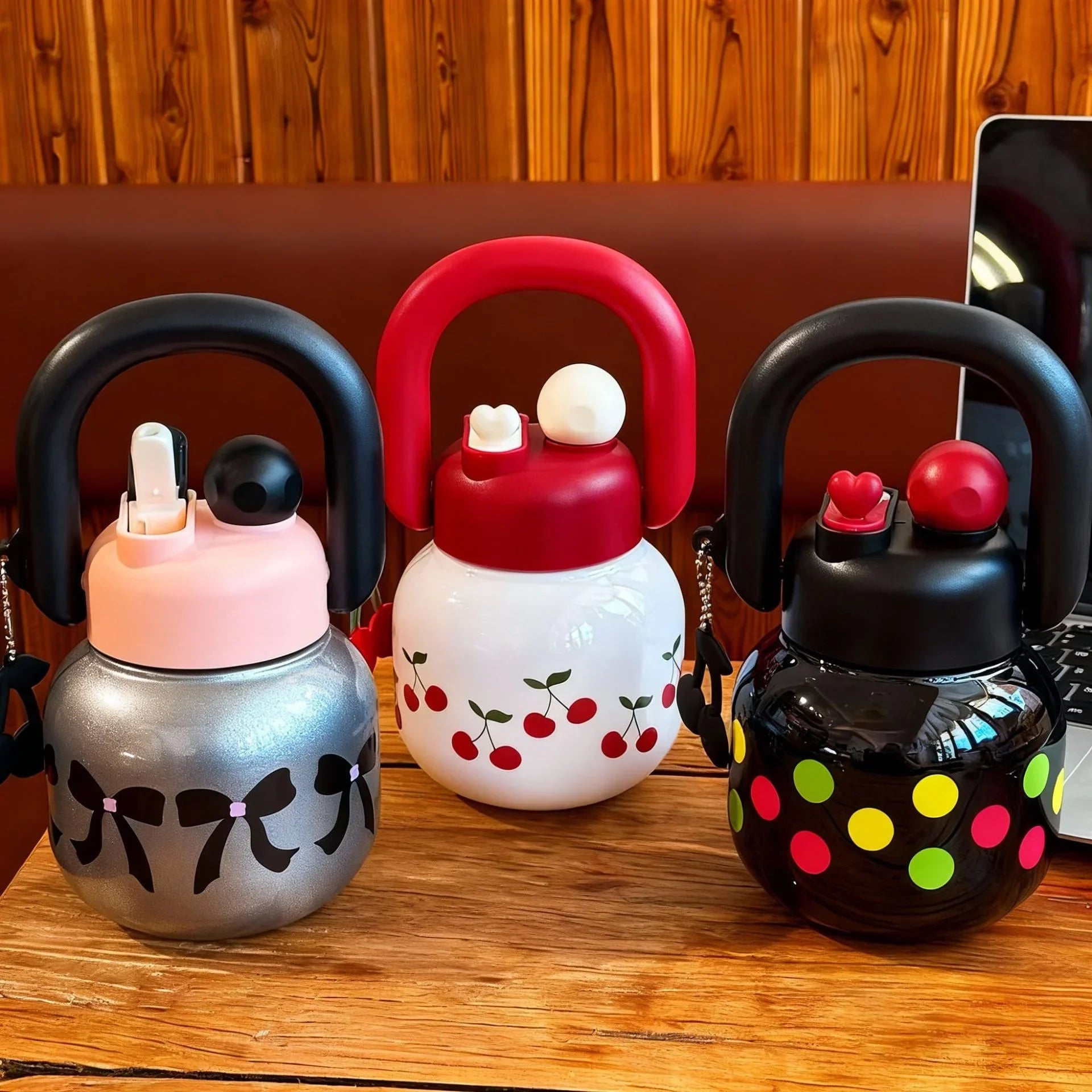 Cute Water Bottle with Decoration, Dual Straws Design, Anti-Lipstick Stain, Detachable Travel Strap Durable Plastic Material
