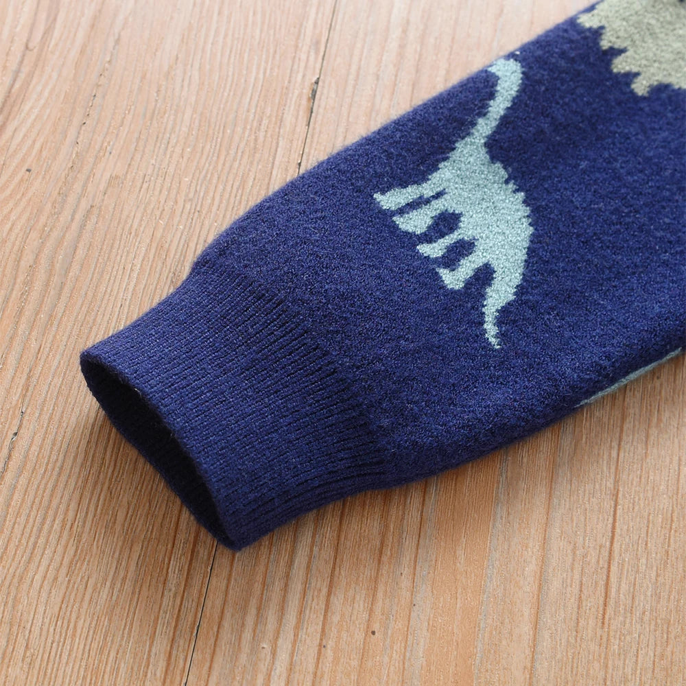 Boys' Navy Blue Dinosaur Printed Knitted Sweater 2-6Y Cute Pattern Pullover Toddler Autumn/Winter Top