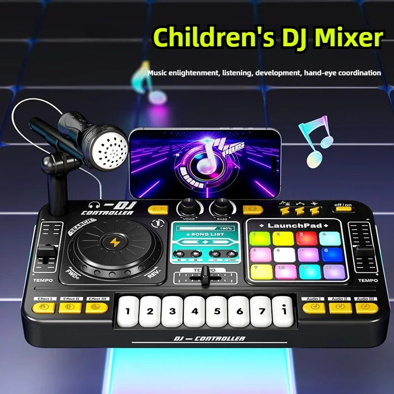 Kids DJ Controller Music Toy Mixer with Microphone LED Light Electronic Music Game DJ Turntable for Children Birthday Gifts