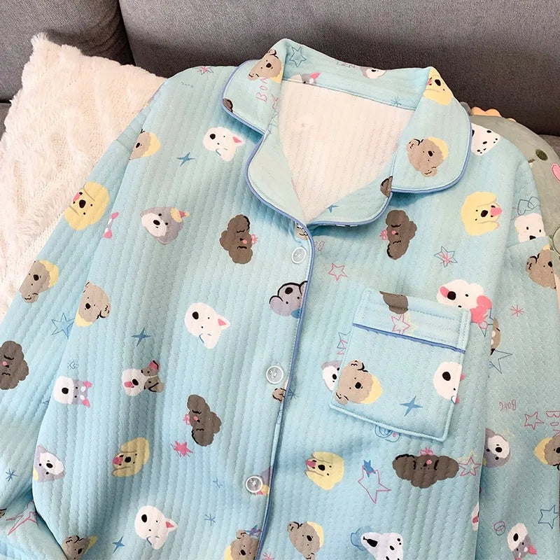 Korean Style Colourful Dot Women's Sleepwear Set 2025 Autumn Winter New Pajamas Set Cute Lapel Neck Casual Homewear 2PC Suit