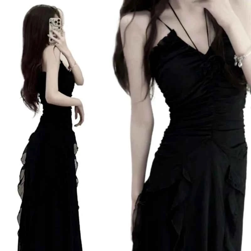 Design Style Small Black Dress Women's Summer Waist Wrap Show Thin Super y2k formal occasion vestidos 2023 women dress