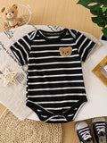 Single-Piece Polyester-Spandex Knit Striped Baby Boy Romper with Fun Cartoon Bear Patch Pattern, Black and White Stripes, for Spring and Summer Casual Style