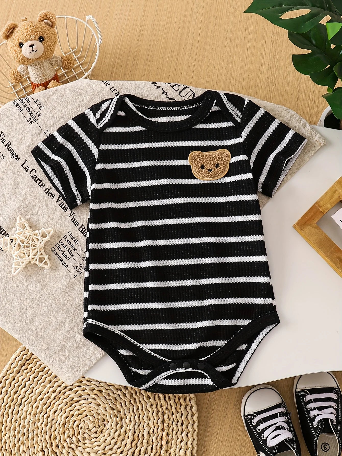 Single-Piece Polyester-Spandex Knit Striped Baby Boy Romper with Fun Cartoon Bear Patch Pattern, Black and White Stripes, for Spring and Summer Casual Style