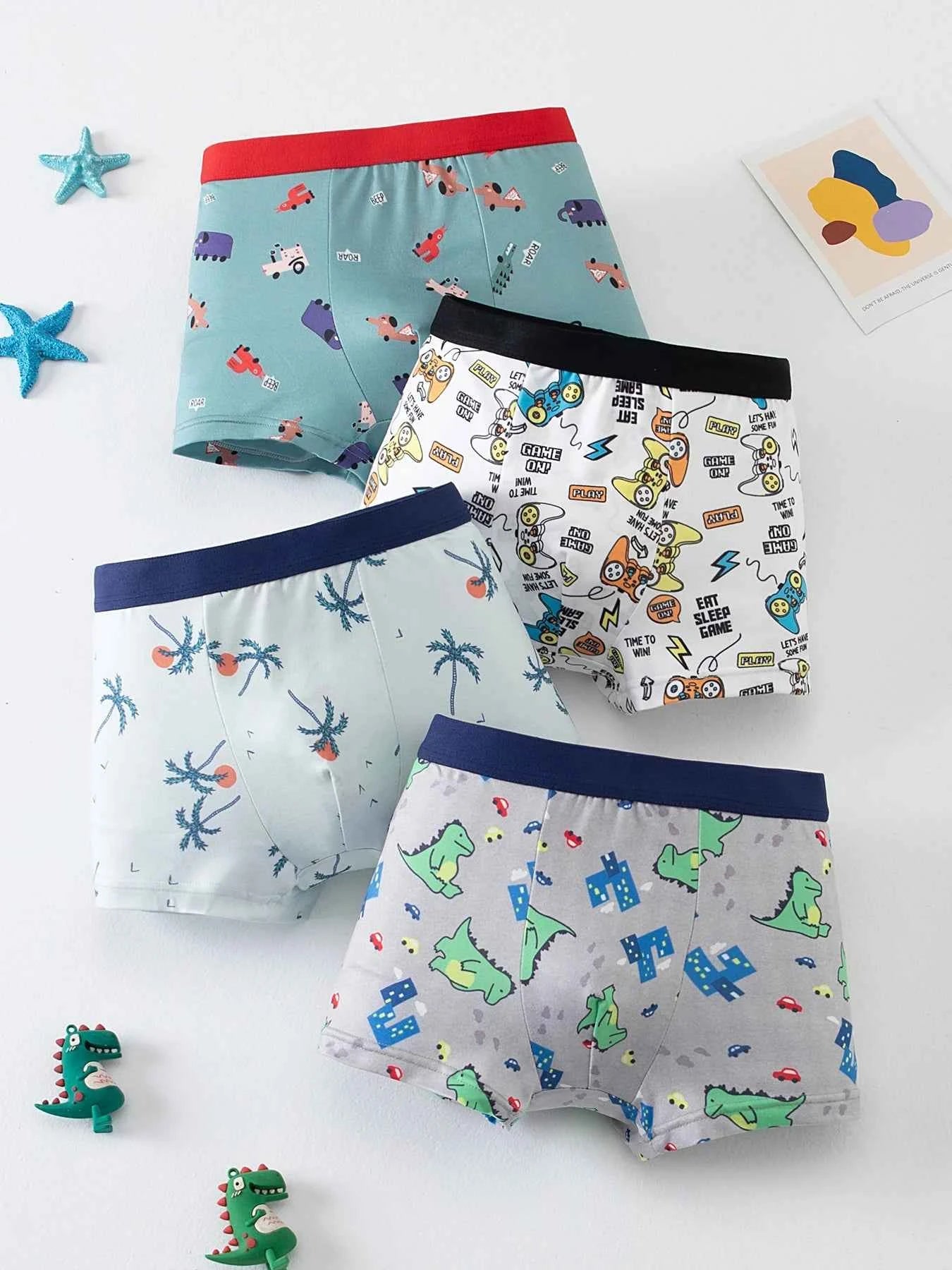 4 pieces of cute cartoon elastic waisted underwear for boys in all seasons, comfortable boxer shorts, multi-color home shorts