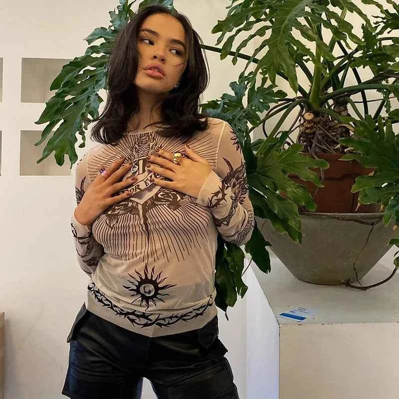 Y2k Aesthetic Punk Clothes Graphic Tees Women Gothic Fashion Full Sleeve Woman Tshirts See Through Streetwear Egirl Tops T Shirt