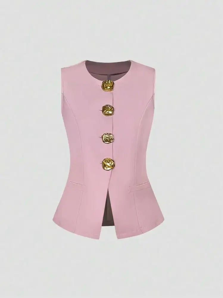 Fashionable Little Fragrance Style Women's Sleeveless round Neck Vest Waist-Cinching Pure Color Cross-Border Women's Jacket
