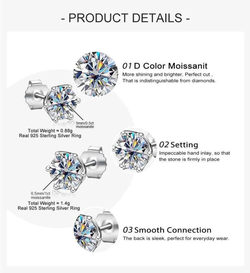 JoyceJelly 1/2/4CT VVS D Color Moissanite Russian Cut 8H8A Lab Diamond Stud Earrings For Women S925 Sterling Silver Fine Jewelry