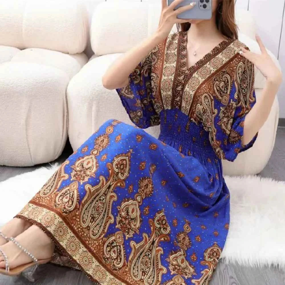 Colorful Flower V-neck Elastic Youthful Bohemian Sweet Midi Dress Woman Clothes Chic Fashion Summer Dresses 2025 Large Swing Ski