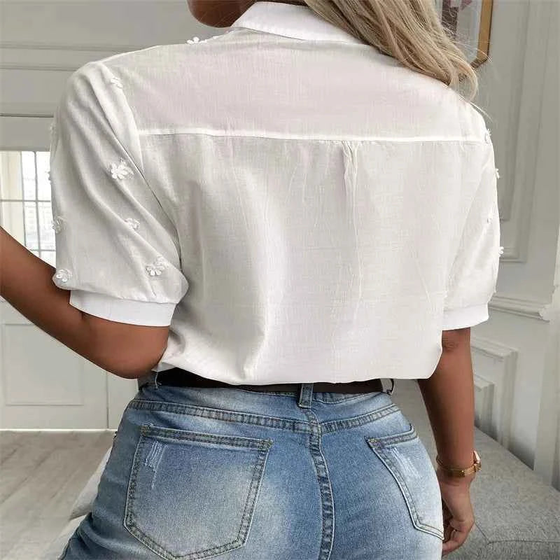 2026 Summer Women's Elegant Short Sleeve White Blouse - Vintage Cotton Crochet Hollow Out Embroidery Tops Fashion