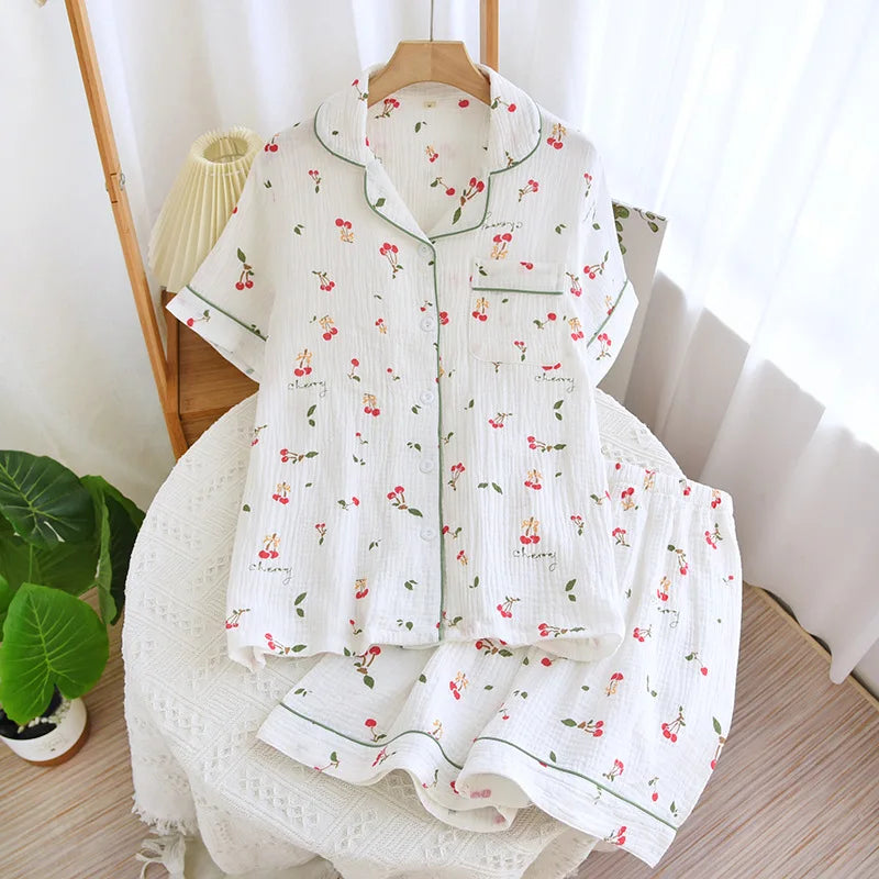 2024 New Summer Autumn Women Pajamas 100% Cotton Gauze Cherry Print Sleepwear Female 2 Piece Set Nightwear Pyjamas Loungewear