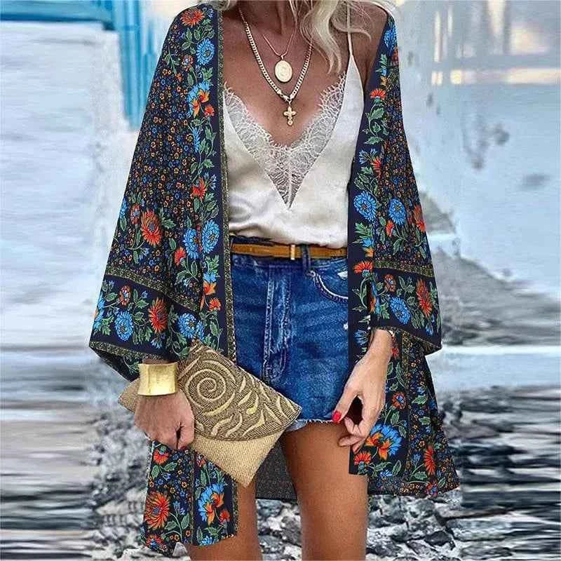 New Summer Bohemian Beach Printed Cardigan Jacket Long Sleeve Leisure Holiday Beach Swimsuit Blouse Shawl Long Coat M-5XL