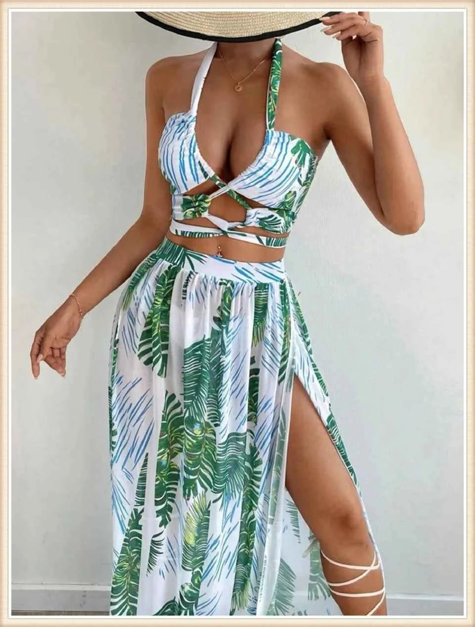 3 Pieces Print Cross Bikini 2025 Women Sexy Halter Swimsuit & Cover Up Beach Dress Swimwear Bathers Bathing Swimming Suit Summer