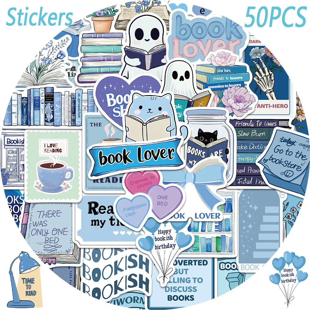 50pcs blue bookish series cartoon graffiti stickers, decorate computers, skateboards, helmets, waterproof stickers